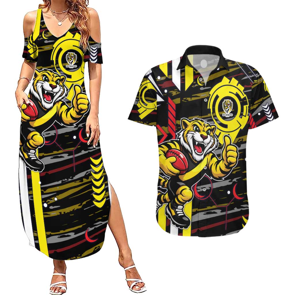 Richmond Tigers Couples Matching Summer Maxi Dress and Hawaiian Shirt Mascot Cartoon Football Illustration Style