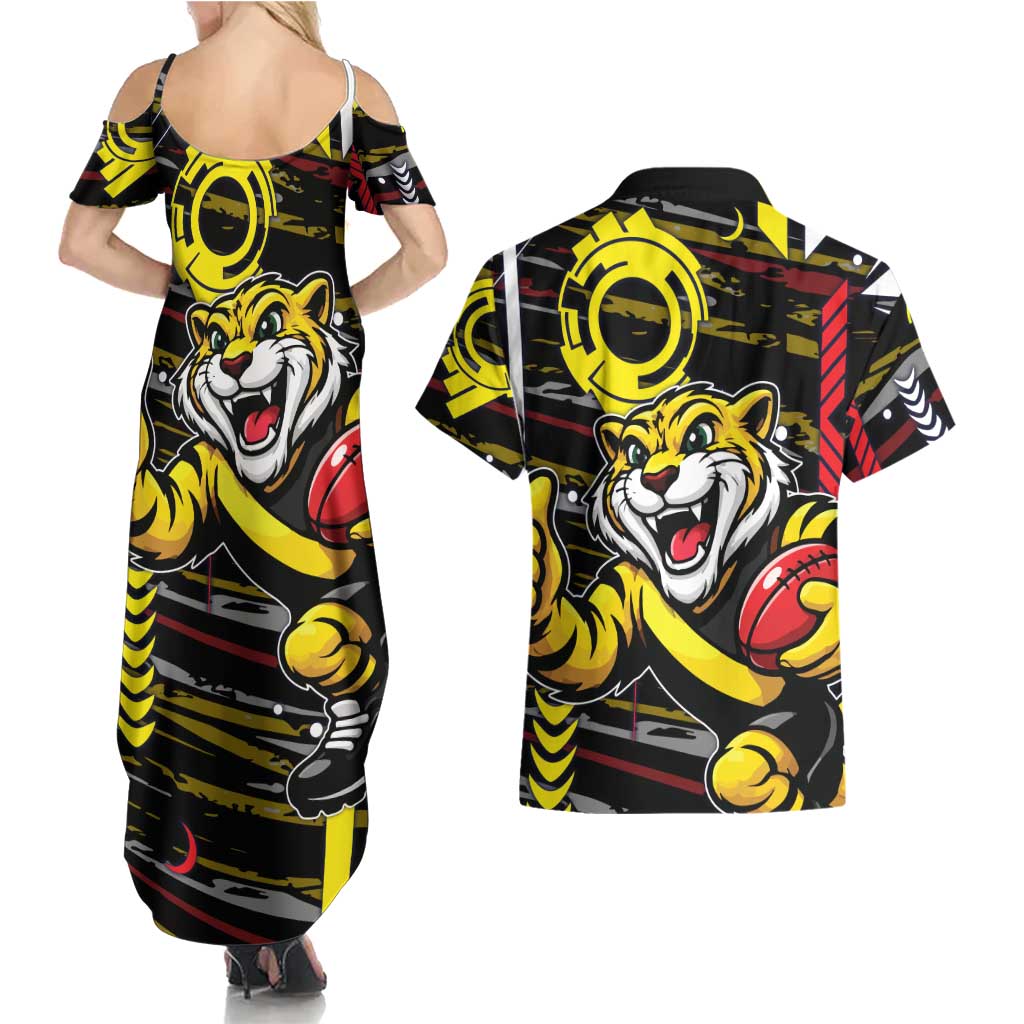 Richmond Tigers Couples Matching Summer Maxi Dress and Hawaiian Shirt Mascot Cartoon Football Illustration Style