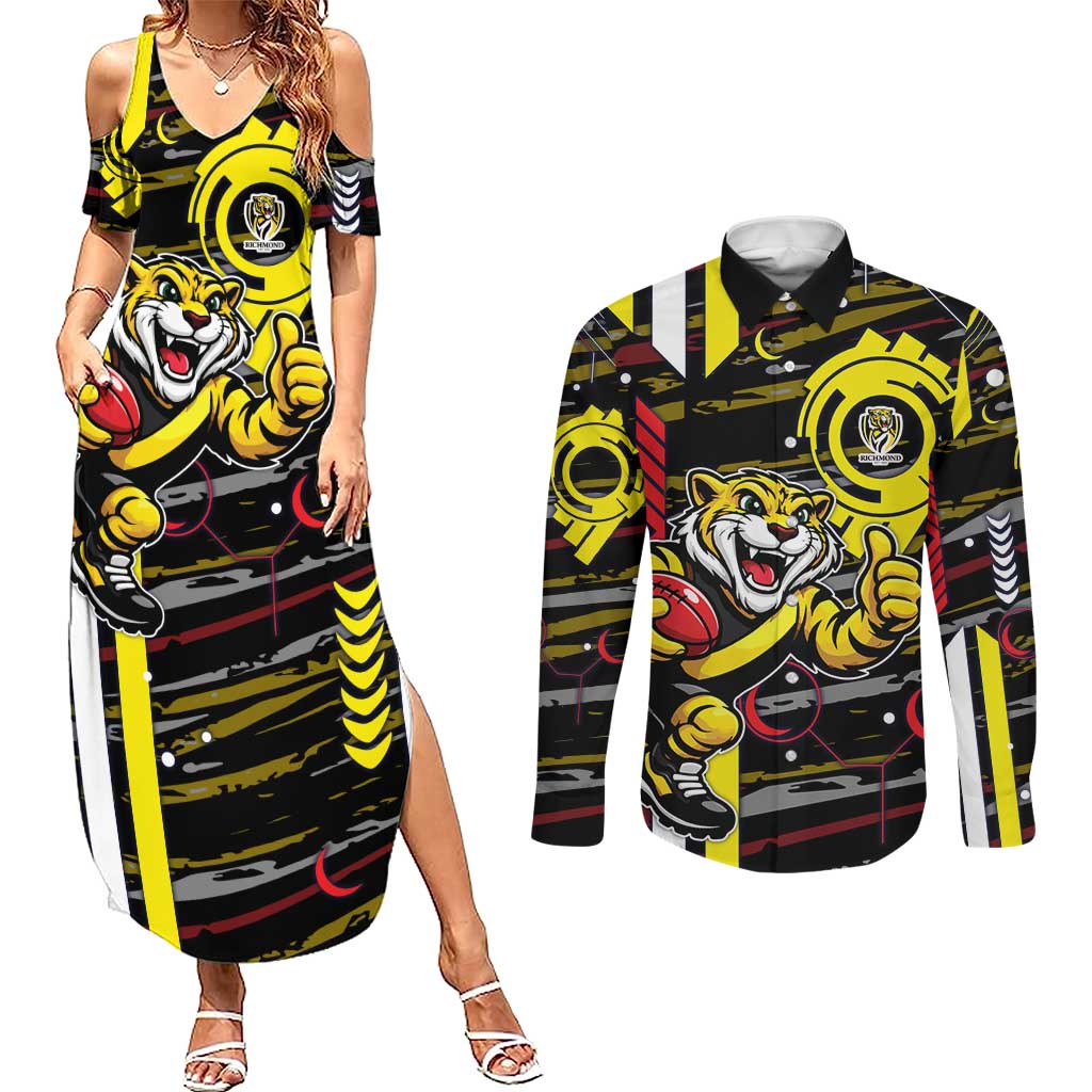 Richmond Tigers Couples Matching Summer Maxi Dress and Long Sleeve Button Shirt Mascot Cartoon Football Illustration Style