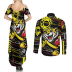 Richmond Tigers Couples Matching Summer Maxi Dress and Long Sleeve Button Shirt Mascot Cartoon Football Illustration Style