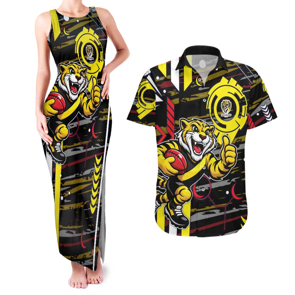 Richmond Tigers Couples Matching Tank Maxi Dress and Hawaiian Shirt Mascot Cartoon Football Illustration Style