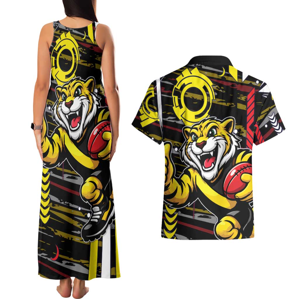 Richmond Tigers Couples Matching Tank Maxi Dress and Hawaiian Shirt Mascot Cartoon Football Illustration Style