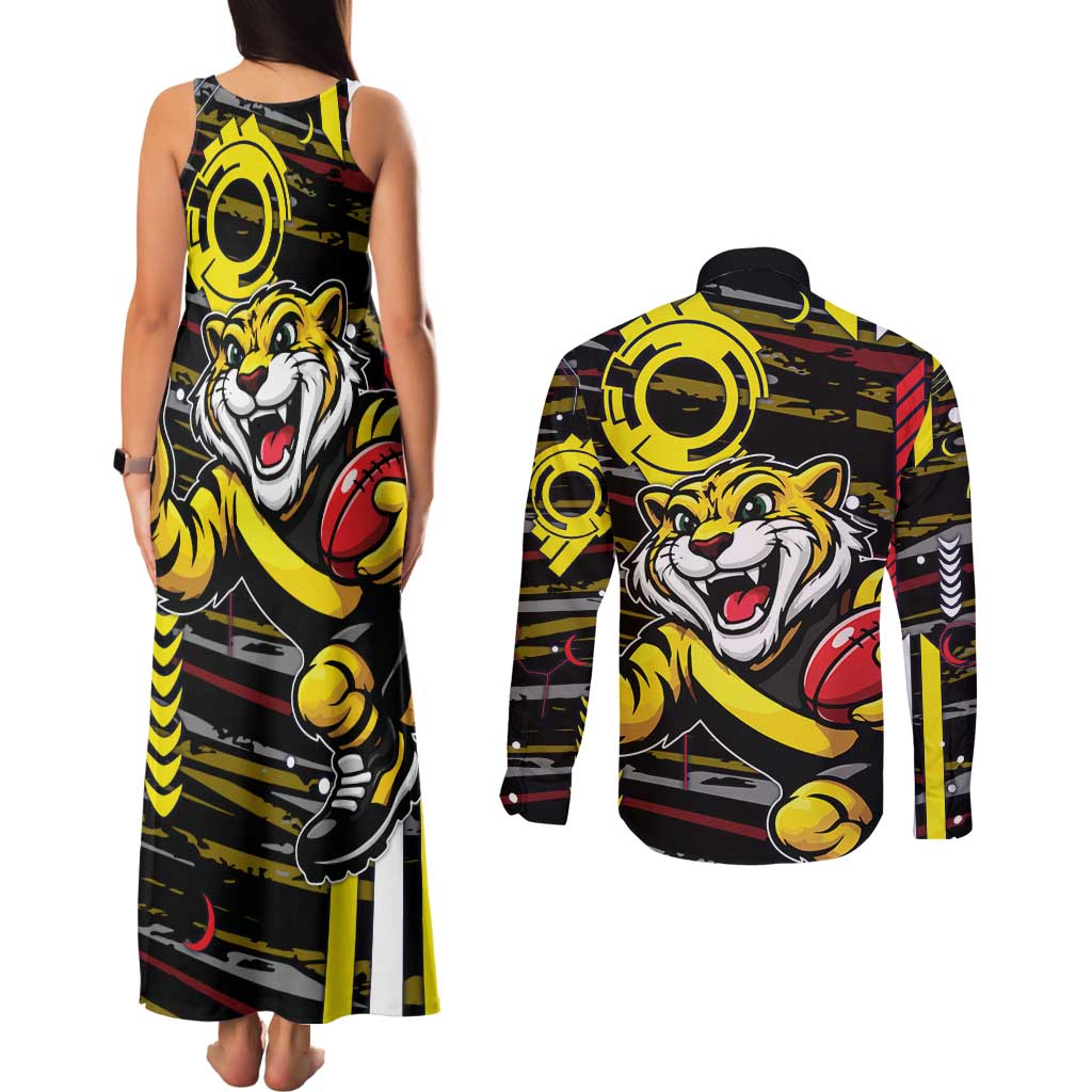 Richmond Tigers Couples Matching Tank Maxi Dress and Long Sleeve Button Shirt Mascot Cartoon Football Illustration Style