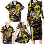 Richmond Tigers Family Matching Long Sleeve Bodycon Dress and Hawaiian Shirt Mascot Cartoon Football Illustration Style