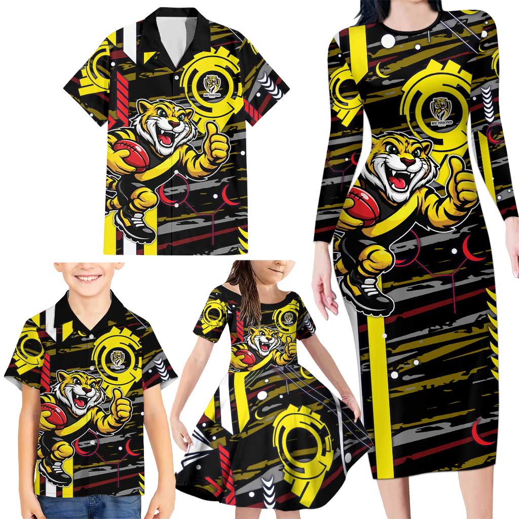 Richmond Tigers Family Matching Long Sleeve Bodycon Dress and Hawaiian Shirt Mascot Cartoon Football Illustration Style