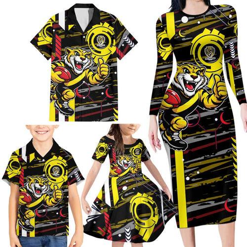 Richmond Tigers Family Matching Long Sleeve Bodycon Dress and Hawaiian Shirt Mascot Cartoon Football Illustration Style