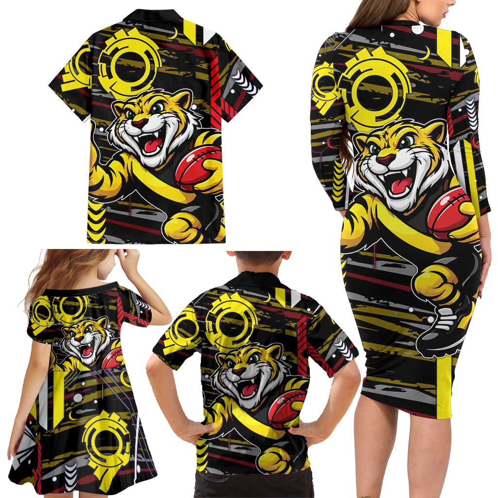 Richmond Tigers Family Matching Long Sleeve Bodycon Dress and Hawaiian Shirt Mascot Cartoon Football Illustration Style