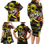Richmond Tigers Family Matching Long Sleeve Bodycon Dress and Hawaiian Shirt Mascot Cartoon Football Illustration Style
