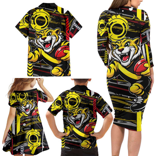 Richmond Tigers Family Matching Long Sleeve Bodycon Dress and Hawaiian Shirt Mascot Cartoon Football Illustration Style
