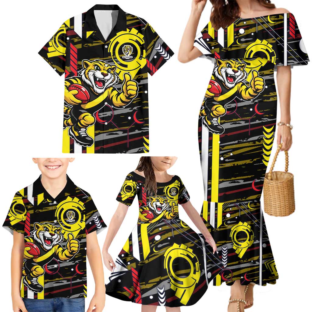 Richmond Tigers Family Matching Mermaid Dress and Hawaiian Shirt Mascot Cartoon Football Illustration Style
