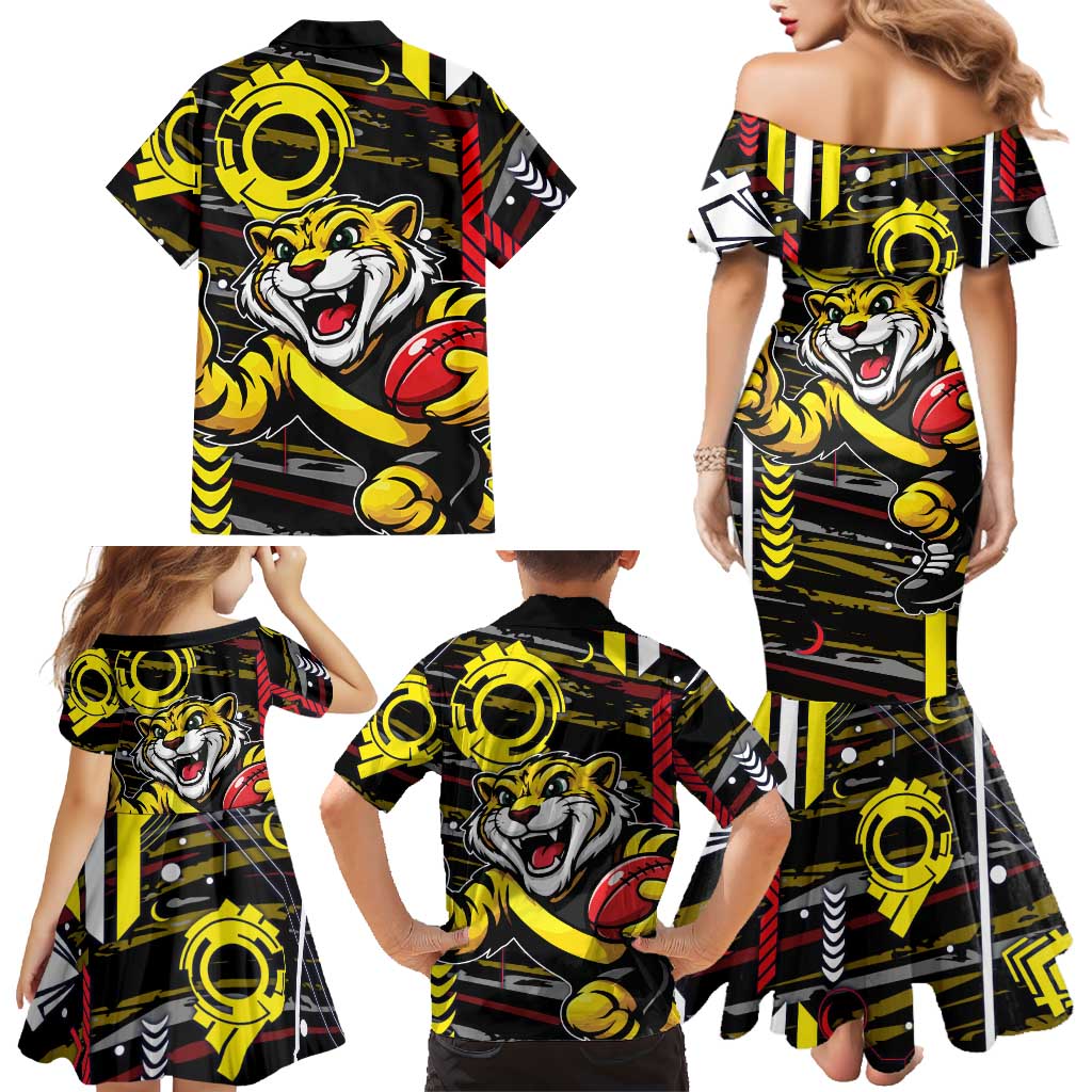 Richmond Tigers Family Matching Mermaid Dress and Hawaiian Shirt Mascot Cartoon Football Illustration Style