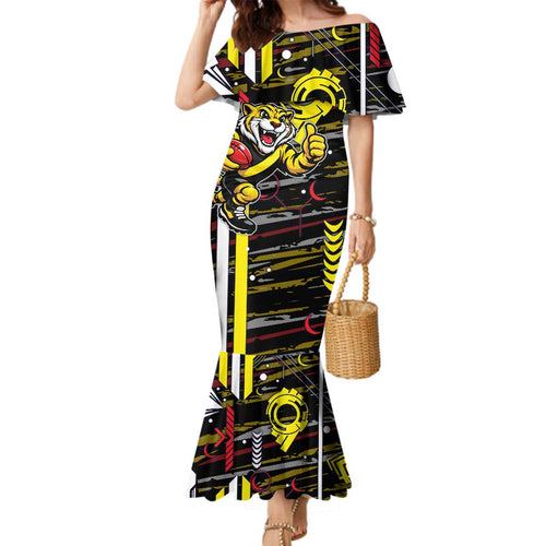 Richmond Tigers Family Matching Mermaid Dress and Hawaiian Shirt Mascot Cartoon Football Illustration Style