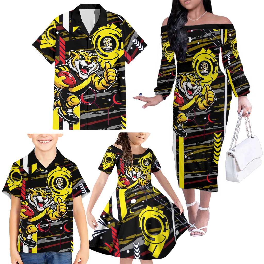 Richmond Tigers Family Matching Off The Shoulder Long Sleeve Dress and Hawaiian Shirt Mascot Cartoon Football Illustration Style