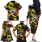 Richmond Tigers Family Matching Off The Shoulder Long Sleeve Dress and Hawaiian Shirt Mascot Cartoon Football Illustration Style