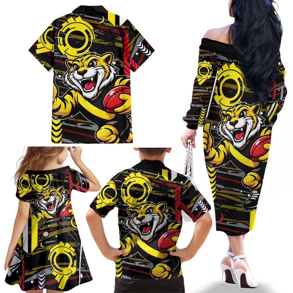 Richmond Tigers Family Matching Off The Shoulder Long Sleeve Dress and Hawaiian Shirt Mascot Cartoon Football Illustration Style