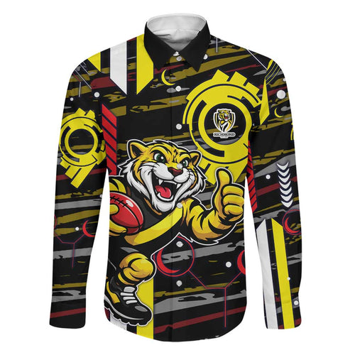 Richmond Tigers Family Matching Off The Shoulder Long Sleeve Dress and Hawaiian Shirt Mascot Cartoon Football Illustration Style