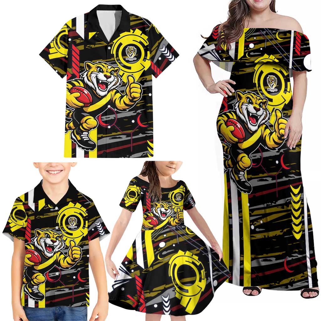 Richmond Tigers Family Matching Off Shoulder Maxi Dress and Hawaiian Shirt Mascot Cartoon Football Illustration Style