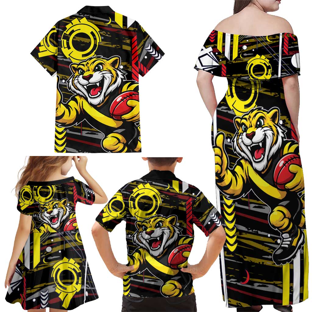 Richmond Tigers Family Matching Off Shoulder Maxi Dress and Hawaiian Shirt Mascot Cartoon Football Illustration Style