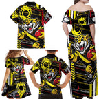 Richmond Tigers Family Matching Off Shoulder Maxi Dress and Hawaiian Shirt Mascot Cartoon Football Illustration Style