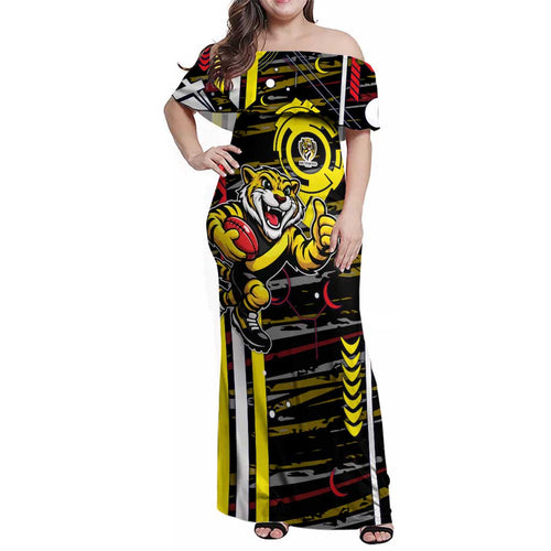 Richmond Tigers Family Matching Off Shoulder Maxi Dress and Hawaiian Shirt Mascot Cartoon Football Illustration Style