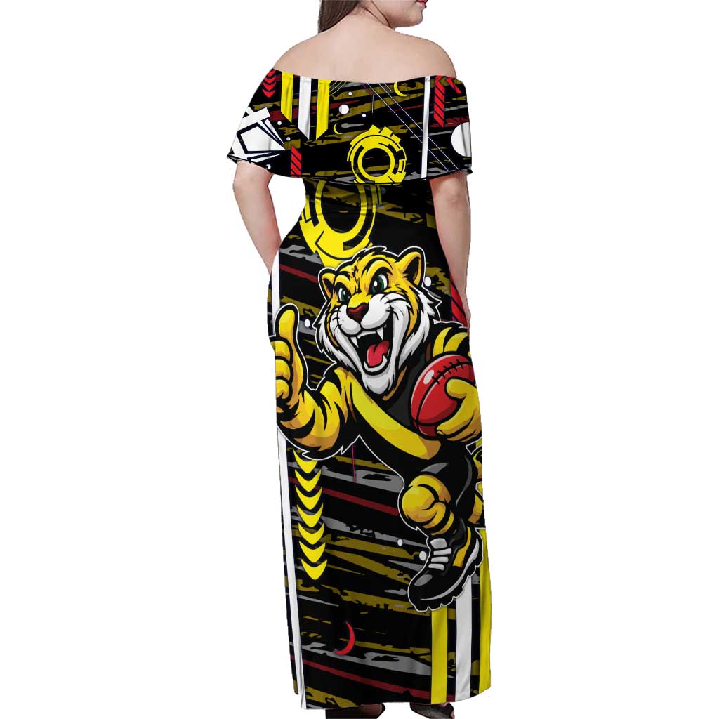 Richmond Tigers Family Matching Off Shoulder Maxi Dress and Hawaiian Shirt Mascot Cartoon Football Illustration Style