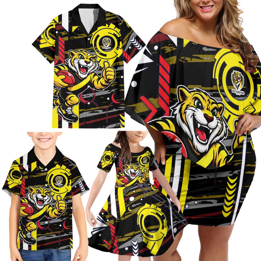 Richmond Tigers Family Matching Off Shoulder Short Dress and Hawaiian Shirt Mascot Cartoon Football Illustration Style