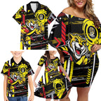 Richmond Tigers Family Matching Off Shoulder Short Dress and Hawaiian Shirt Mascot Cartoon Football Illustration Style