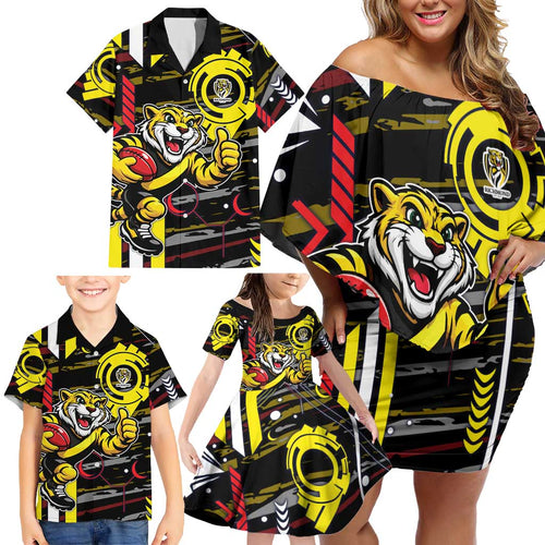 Richmond Tigers Family Matching Off Shoulder Short Dress and Hawaiian Shirt Mascot Cartoon Football Illustration Style