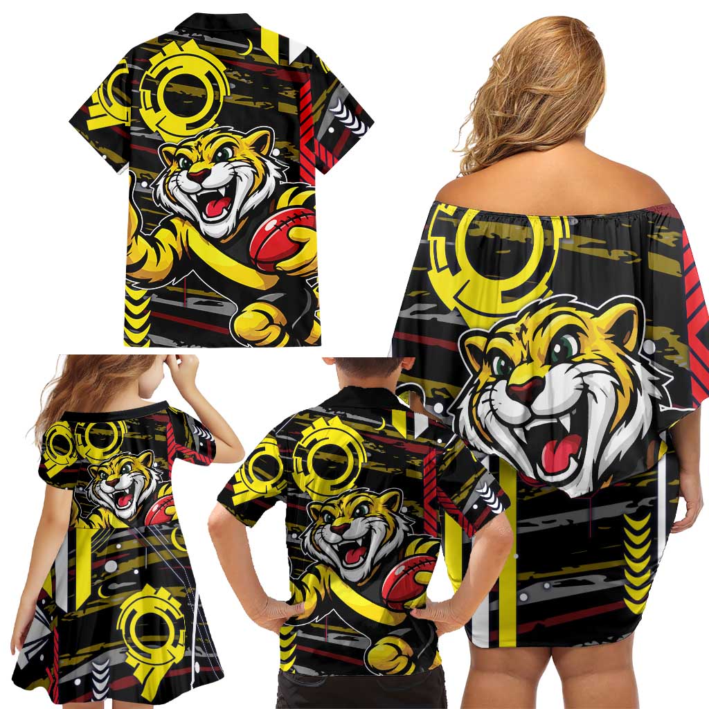 Richmond Tigers Family Matching Off Shoulder Short Dress and Hawaiian Shirt Mascot Cartoon Football Illustration Style