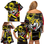 Richmond Tigers Family Matching Off Shoulder Short Dress and Hawaiian Shirt Mascot Cartoon Football Illustration Style