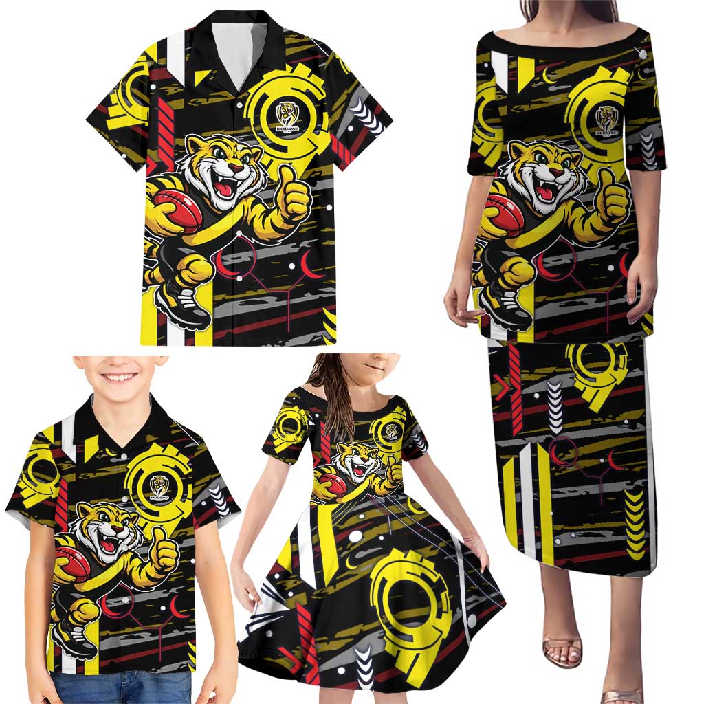 Richmond Tigers Family Matching Puletasi and Hawaiian Shirt Mascot Cartoon Football Illustration Style