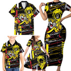 Richmond Tigers Family Matching Short Sleeve Bodycon Dress and Hawaiian Shirt Mascot Cartoon Football Illustration Style