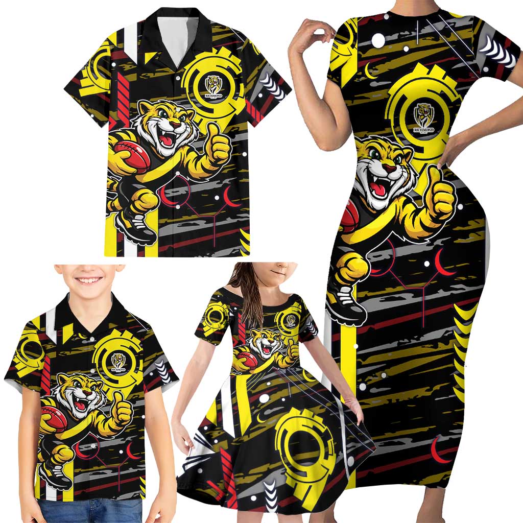 Richmond Tigers Family Matching Short Sleeve Bodycon Dress and Hawaiian Shirt Mascot Cartoon Football Illustration Style