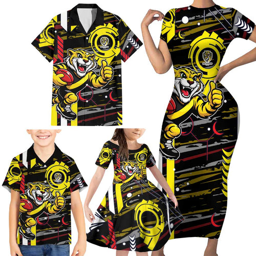 Richmond Tigers Family Matching Short Sleeve Bodycon Dress and Hawaiian Shirt Mascot Cartoon Football Illustration Style