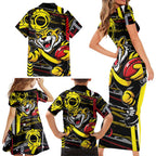 Richmond Tigers Family Matching Short Sleeve Bodycon Dress and Hawaiian Shirt Mascot Cartoon Football Illustration Style