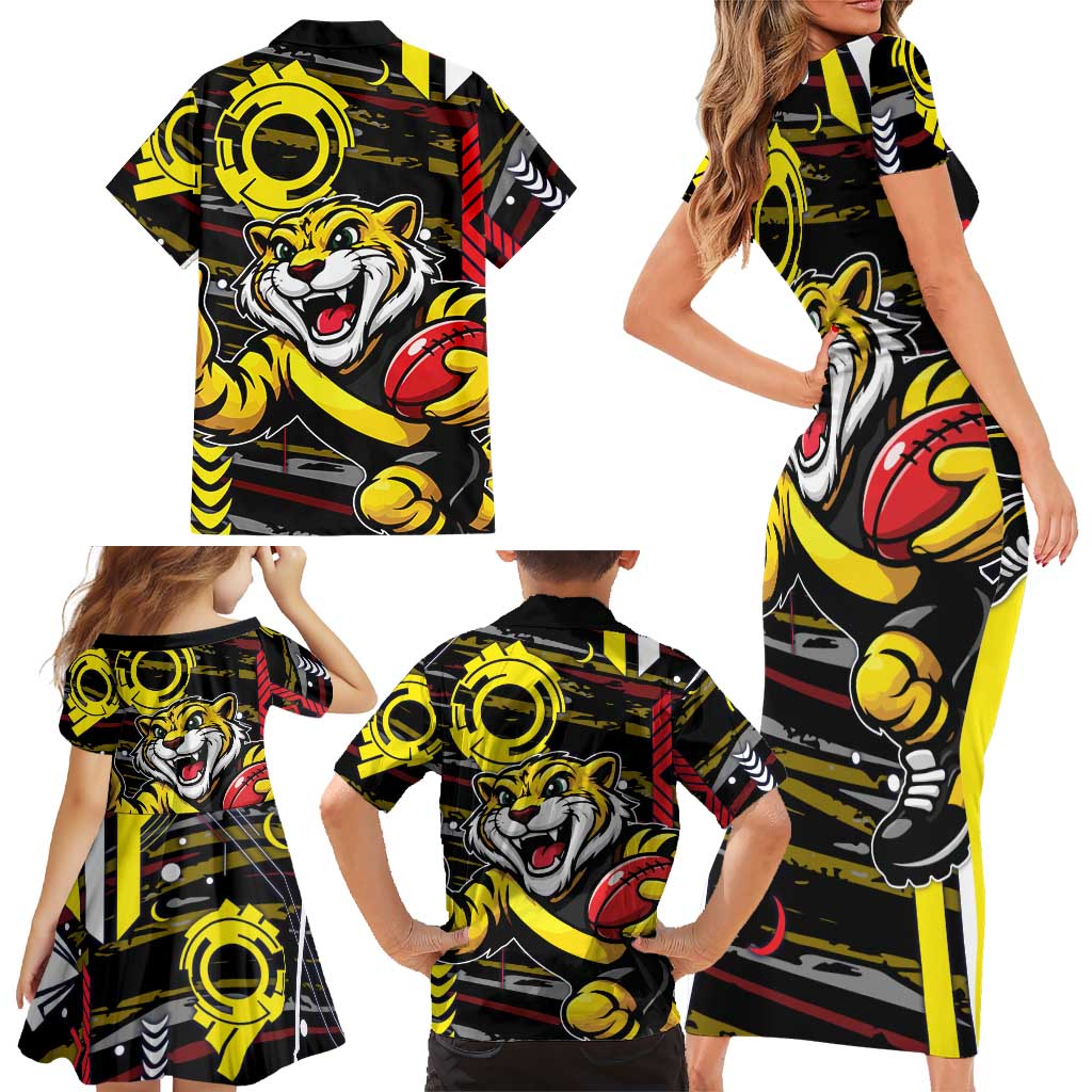 Richmond Tigers Family Matching Short Sleeve Bodycon Dress and Hawaiian Shirt Mascot Cartoon Football Illustration Style
