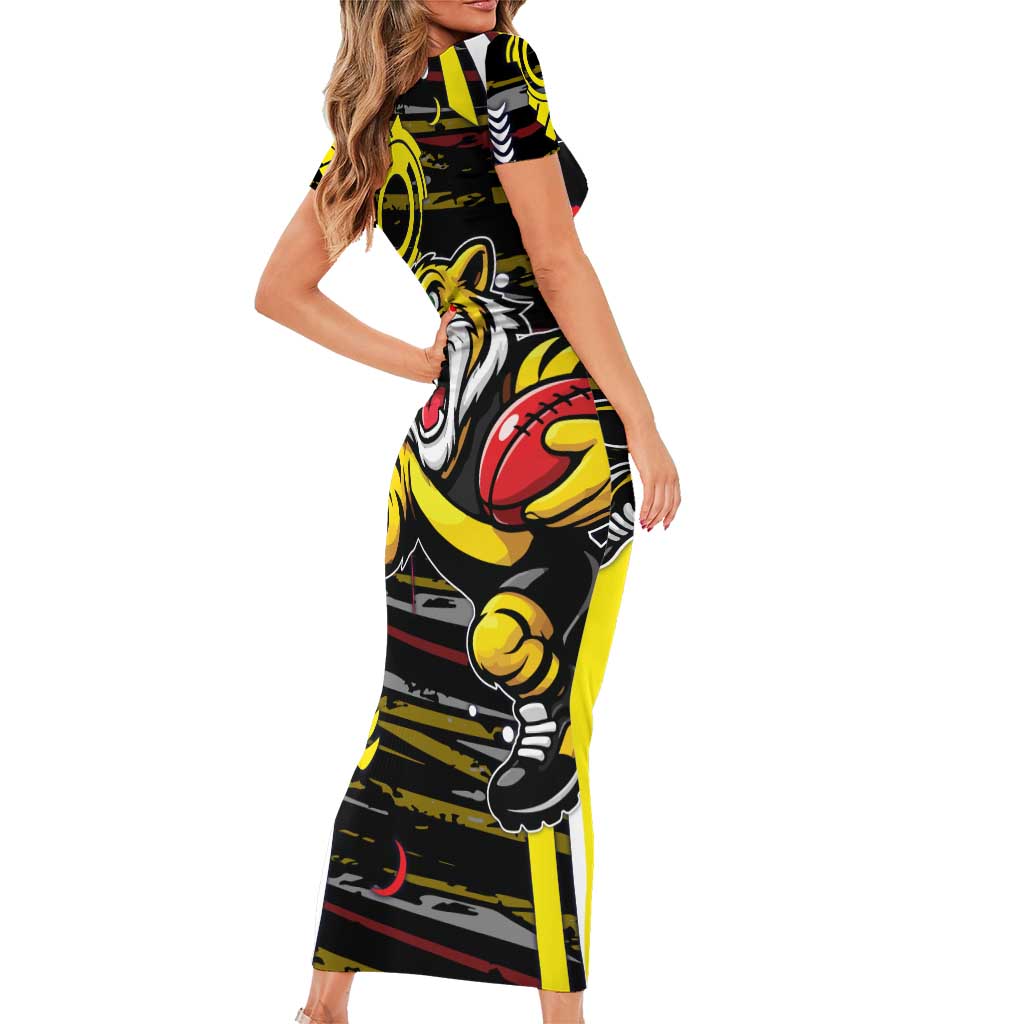 Richmond Tigers Family Matching Short Sleeve Bodycon Dress and Hawaiian Shirt Mascot Cartoon Football Illustration Style