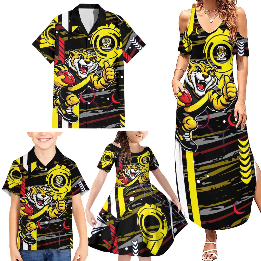 Richmond Tigers Family Matching Summer Maxi Dress and Hawaiian Shirt Mascot Cartoon Football Illustration Style