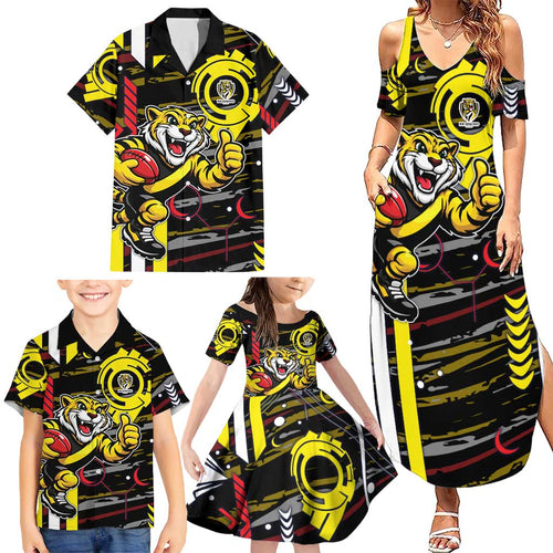 Richmond Tigers Family Matching Summer Maxi Dress and Hawaiian Shirt Mascot Cartoon Football Illustration Style