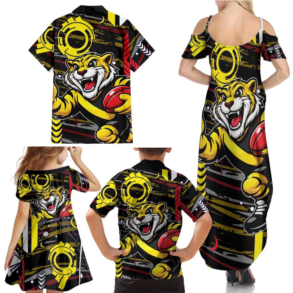 Richmond Tigers Family Matching Summer Maxi Dress and Hawaiian Shirt Mascot Cartoon Football Illustration Style
