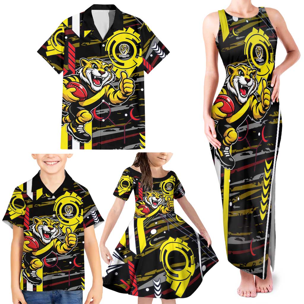 Richmond Tigers Family Matching Tank Maxi Dress and Hawaiian Shirt Mascot Cartoon Football Illustration Style