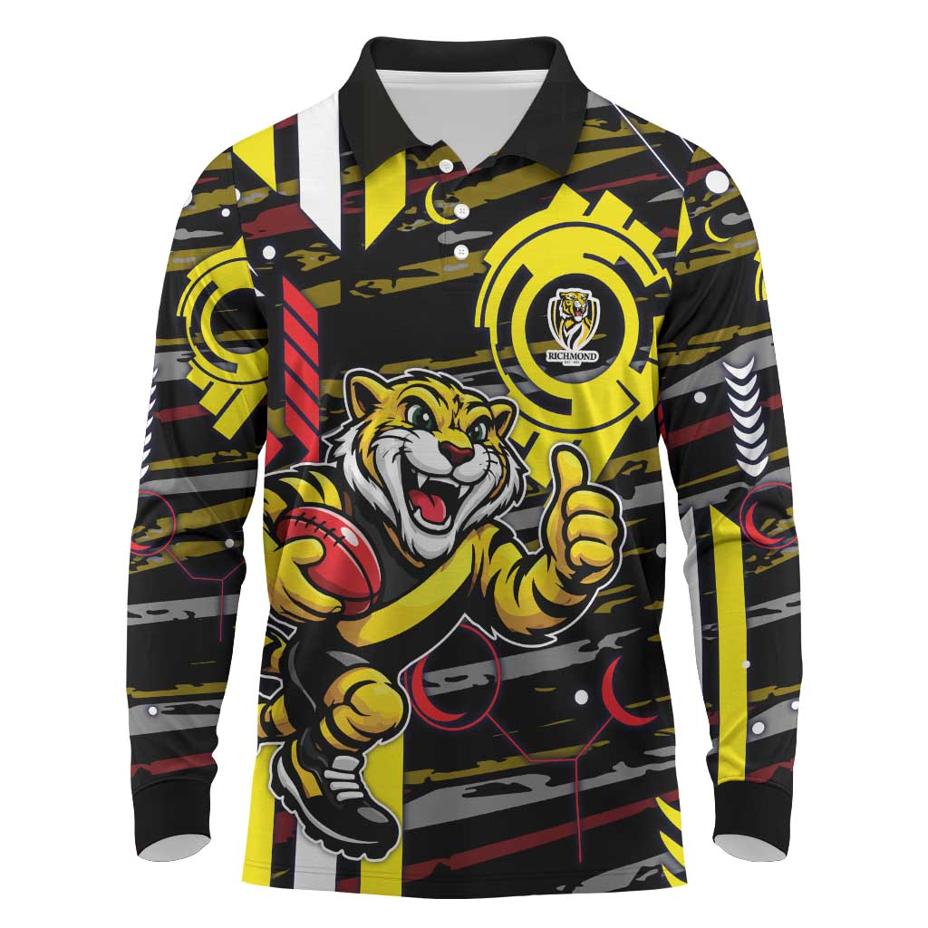Richmond Tigers Long Sleeve Polo Shirt Mascot Cartoon Football Illustration Style