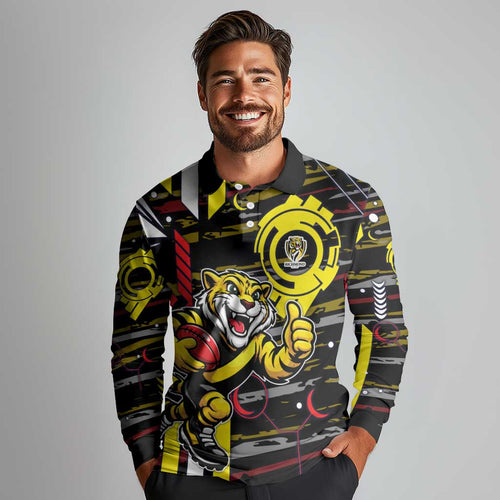 Richmond Tigers Long Sleeve Polo Shirt Mascot Cartoon Football Illustration Style