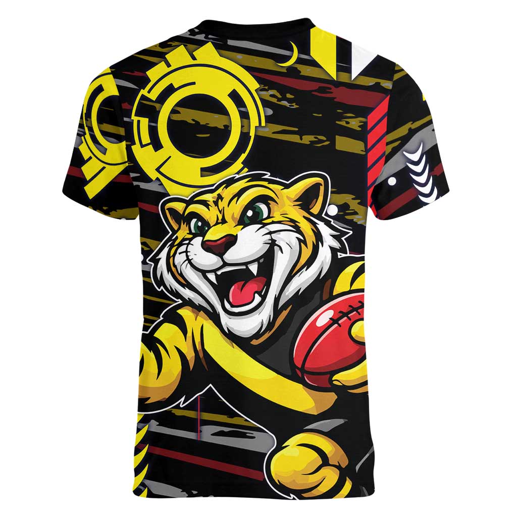 Richmond Tigers Women V-Neck T-Shirt Mascot Cartoon Football Illustration Style