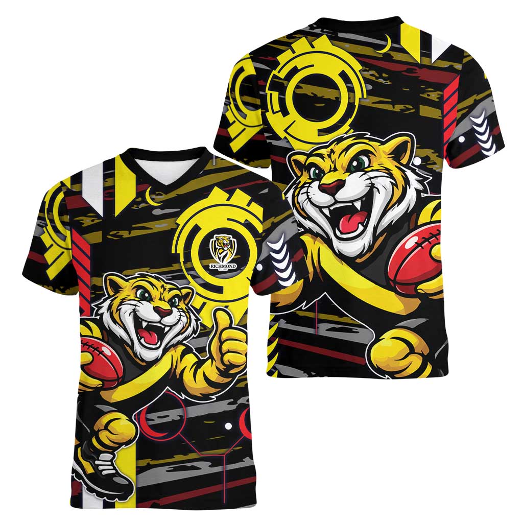 Richmond Tigers Women V-Neck T-Shirt Mascot Cartoon Football Illustration Style