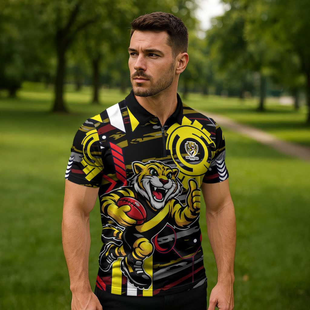 Richmond Tigers Zipper Polo Shirt Mascot Cartoon Football Illustration Style