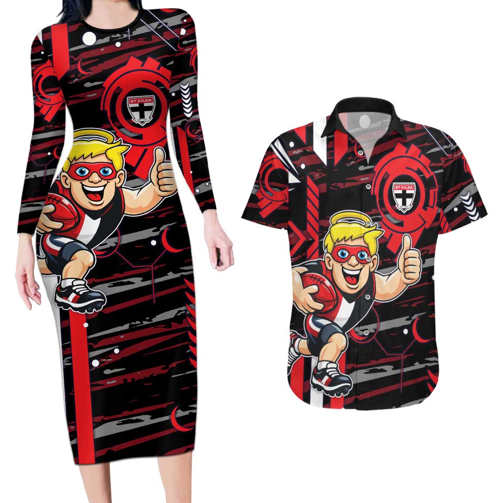 St Kilda Saints Couples Matching Long Sleeve Bodycon Dress and Hawaiian Shirt Mascot Cartoon Football Illustration Style