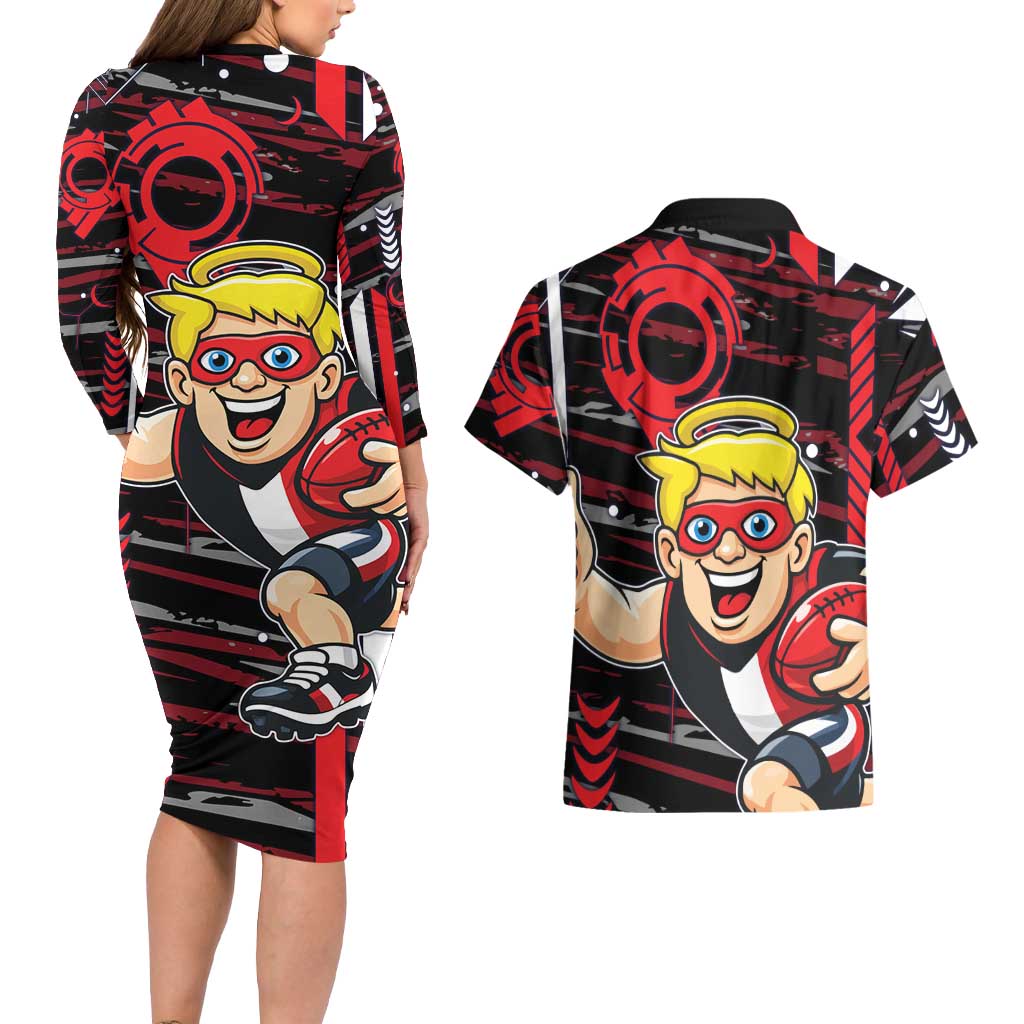 St Kilda Saints Couples Matching Long Sleeve Bodycon Dress and Hawaiian Shirt Mascot Cartoon Football Illustration Style