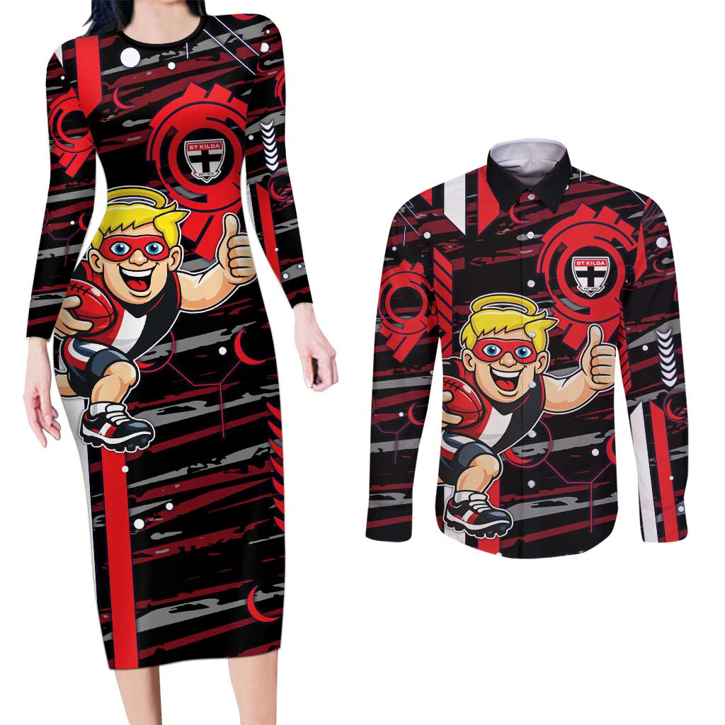 St Kilda Saints Couples Matching Long Sleeve Bodycon Dress and Long Sleeve Button Shirt Mascot Cartoon Football Illustration Style