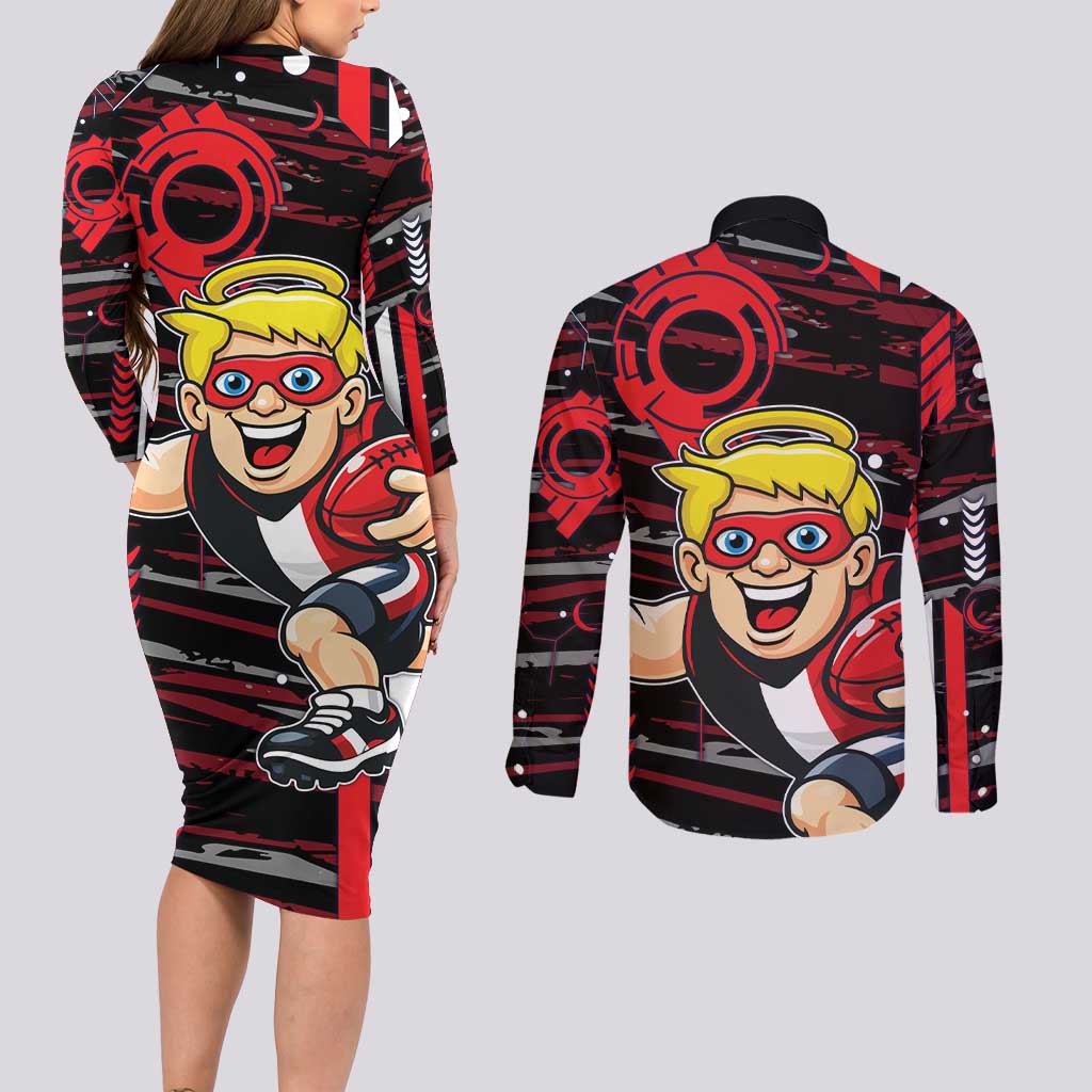 St Kilda Saints Couples Matching Long Sleeve Bodycon Dress and Long Sleeve Button Shirt Mascot Cartoon Football Illustration Style